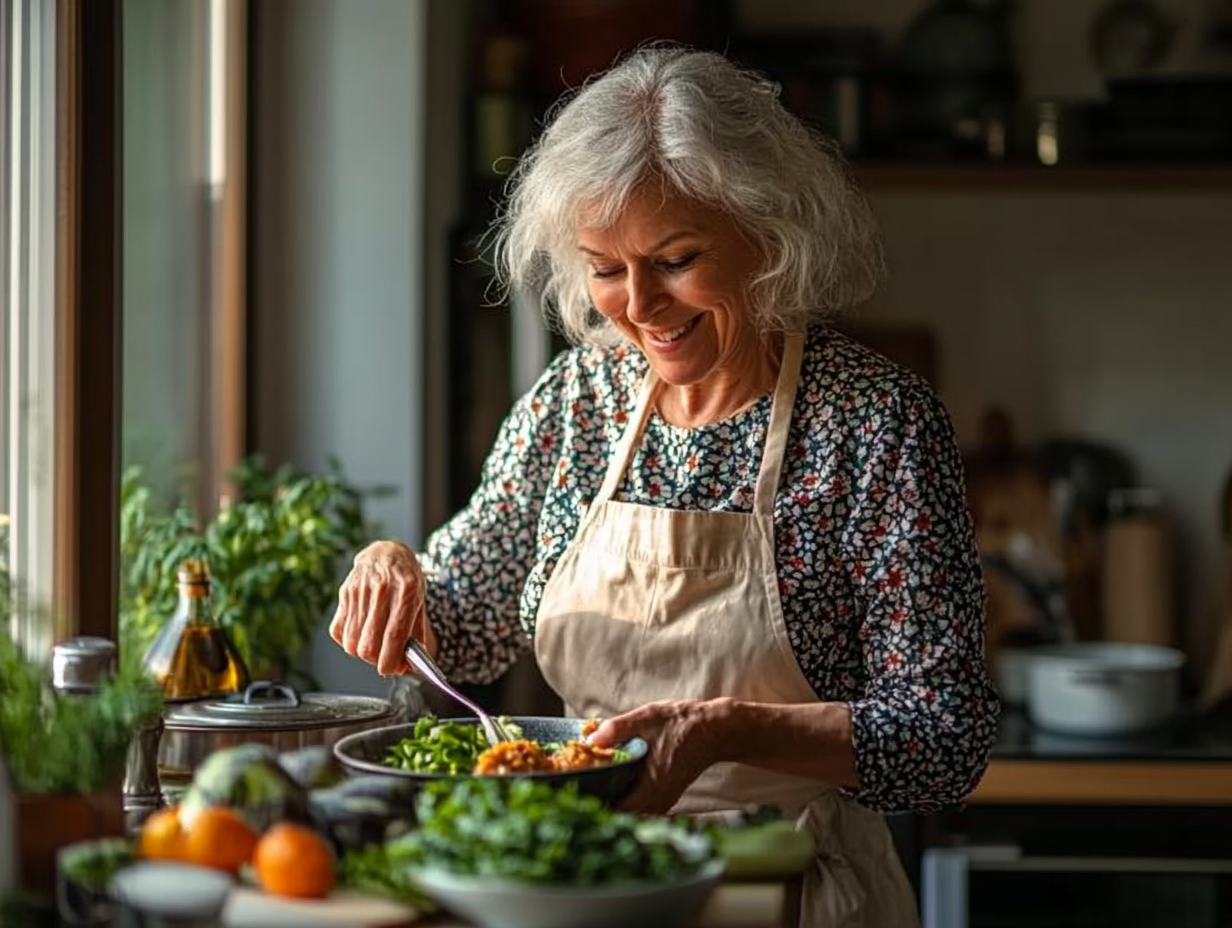 Старша жінка готує здорову їжу за планом yovplentik